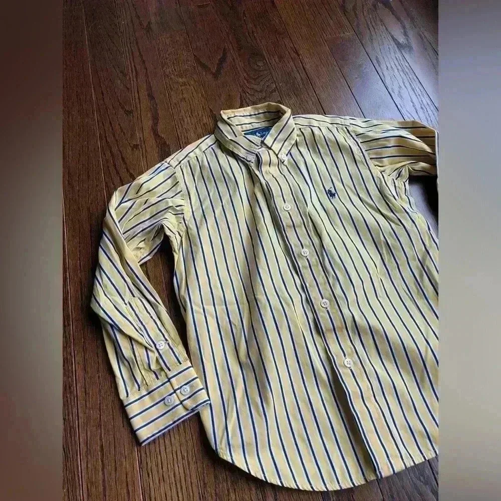 Ralph Lauren Boys 5 Yellow Button-Down w/Blue White Vertical Stripes - EUC!!